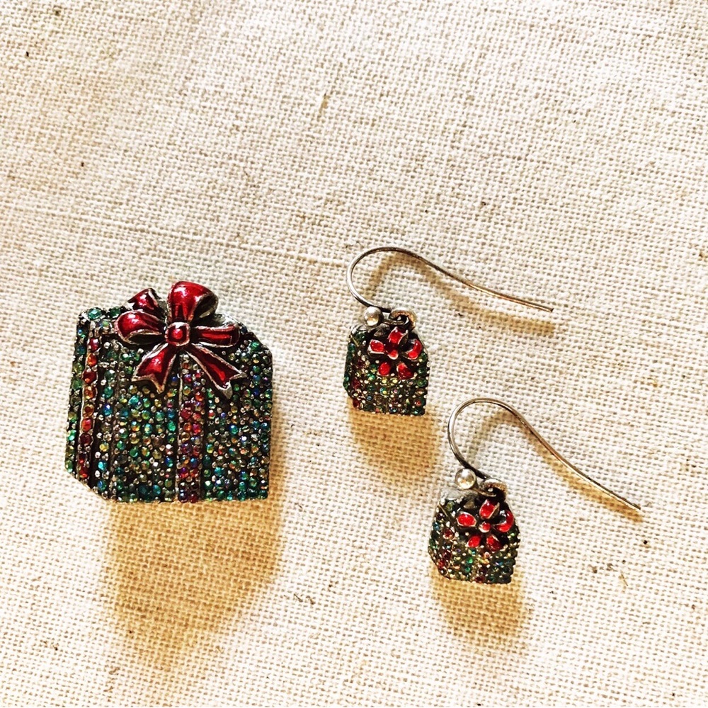 Vintage Sparkling Christmas Box Brooch With Matching Earrings